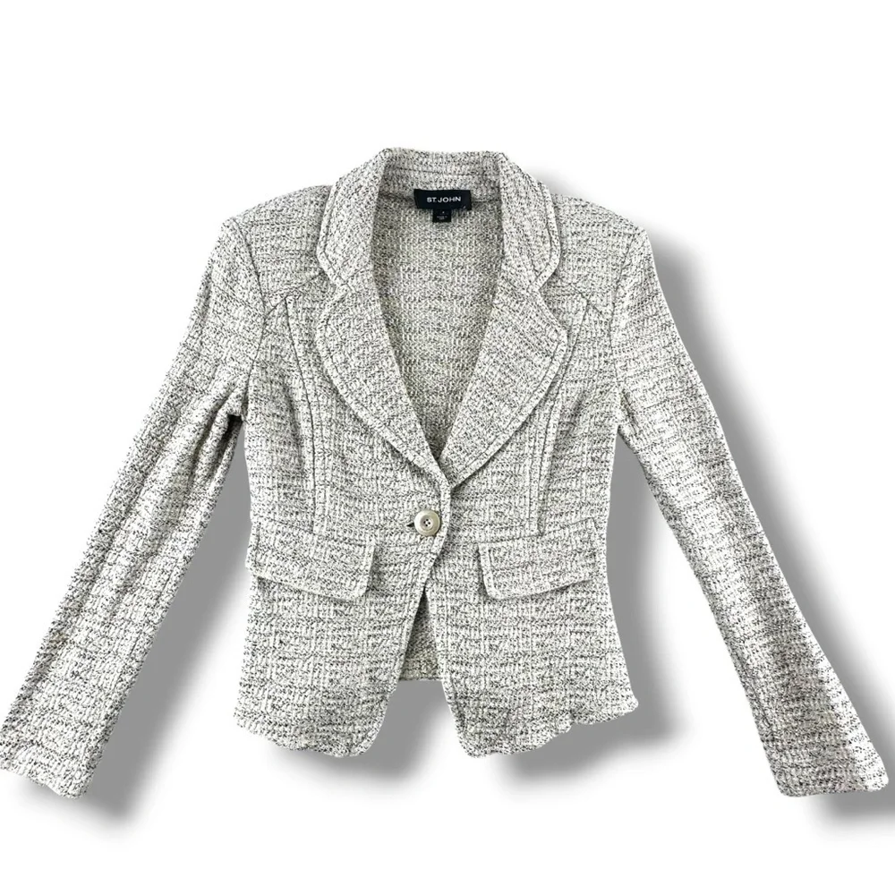 St. John Collection Cream & Tan Tweed Knit Blazer Single Button Size 6 USA